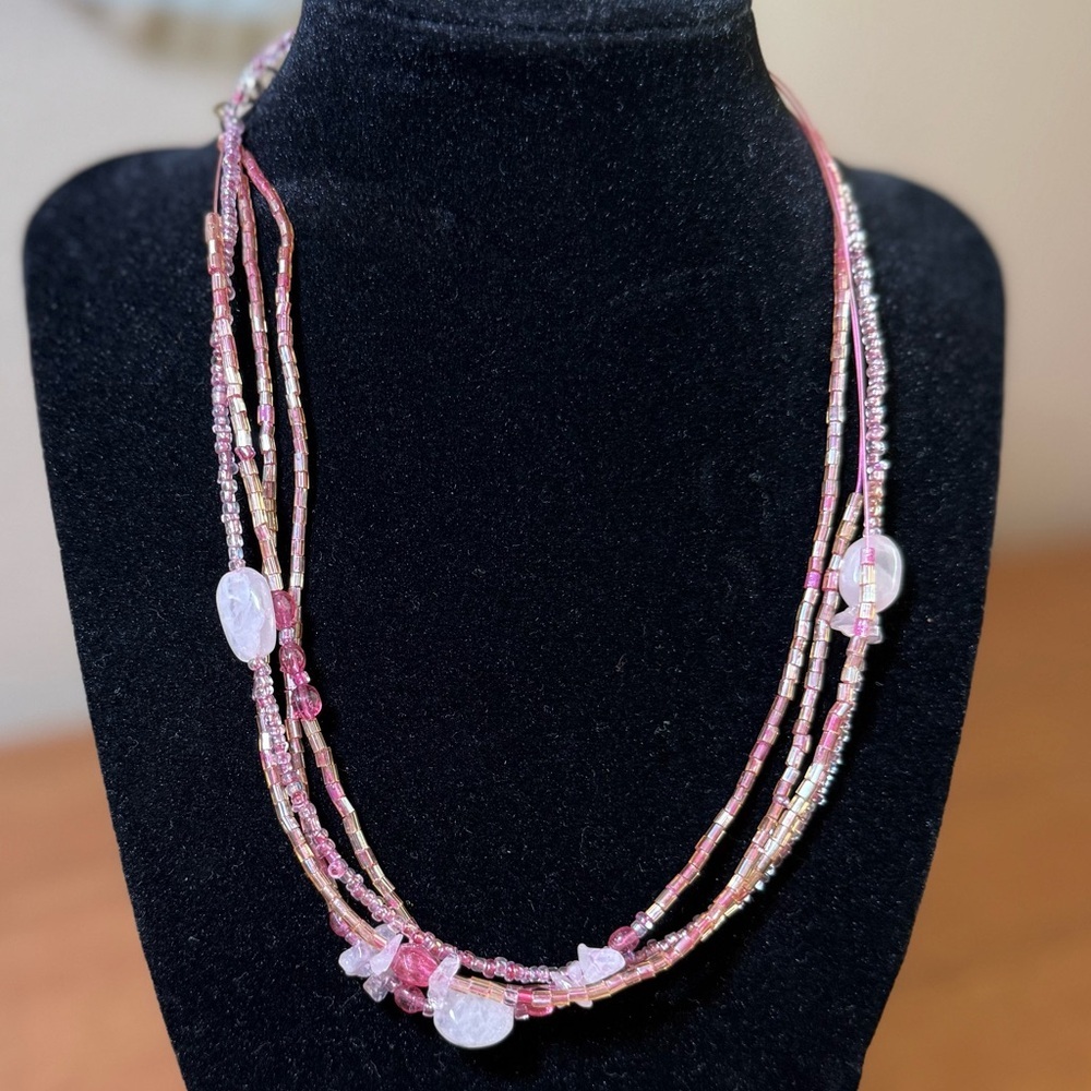 Pink Seed Bead Necklace: Multi Strand